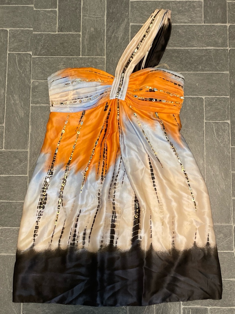 BCBGMaxAzria One-Shoulder Ombre Sequin Dress in Orange, Cream & Black